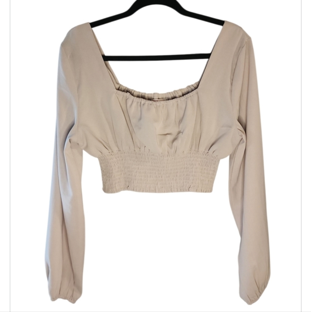 Romwe Beige Cropped Blouse Medium Square Neck Smocked Waist Long Sleeve Y2K Top